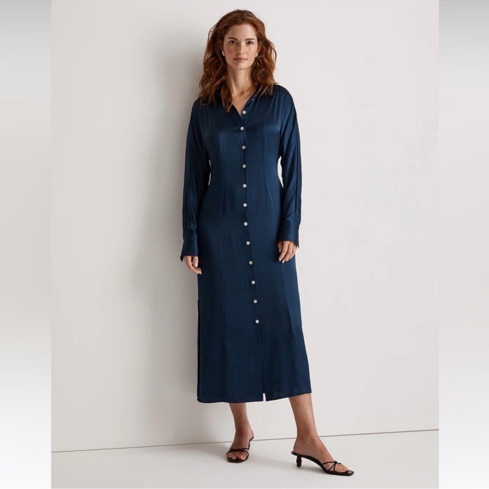 NWT Madewell Satin Button Front Midi Shirtdress Classic Indigo Blue Size 8